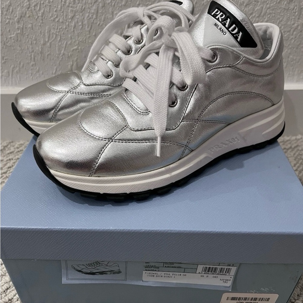 Prada Women's Metallic Silver Sneakers